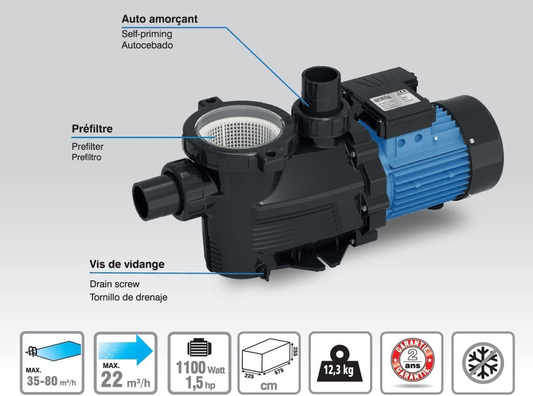 Spid'O Poolpumpe SPR1100 1,5 PS 22 m³/h für Pool bis 80