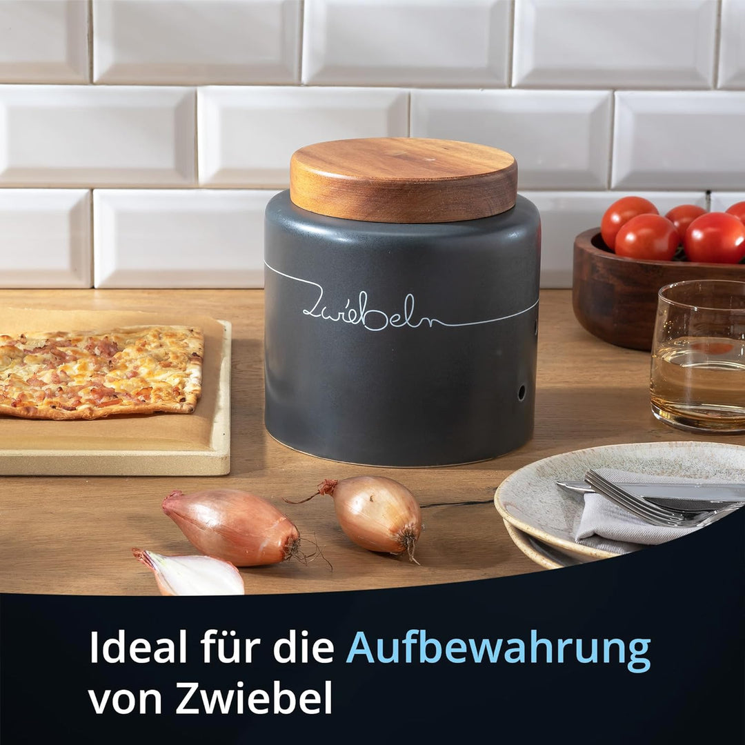 KHG Zwiebel Aufbewahrung Keramik Steingut poliert Anthrazit Grau Holz-Deckel Bambus, 3,2 Liter oder