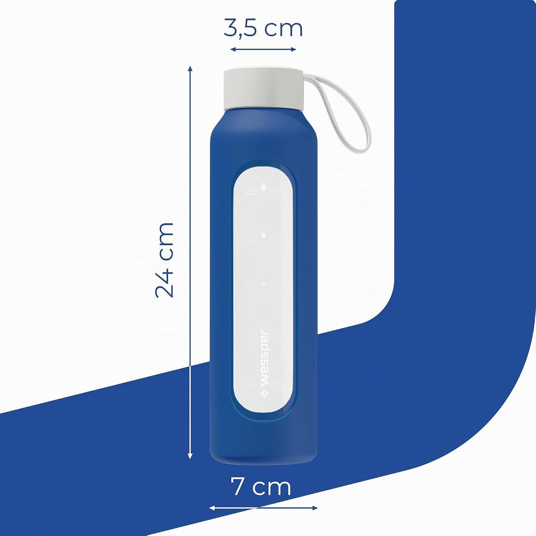 Wessper Trinkflasche Glas 500 ml, Motivations wasser glasflasche mit Hydrationsskala, borosilikatgla