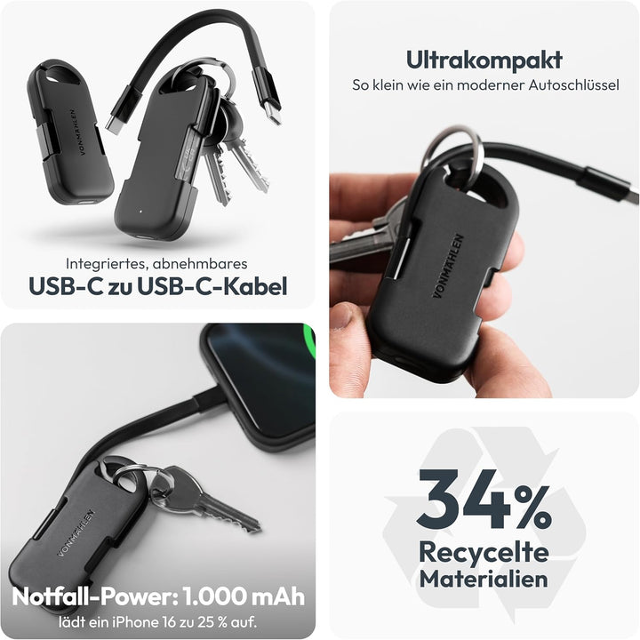 Vonmählen Evergreen Go - USB-C Powerbank mit 1.000 mAh für unterwegs, für den Schlüsselbund, Umweltb