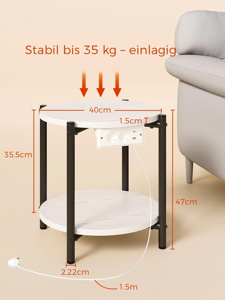 IRONCK Beistelltisch rund, Couchtisch mit Steckdose, Kleiner Tisch Holz, Wohnzimmertisch 2 Ablagen,S