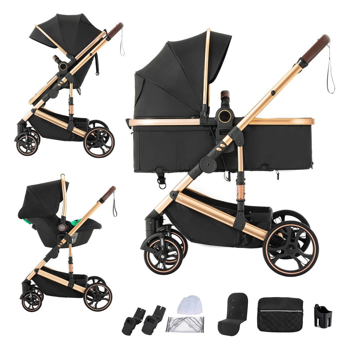Kinderwagen 3 in 1,Puppenwagen Mit Babyschale Buggy Komplettset with One-touch Folding,KombiKinderwa