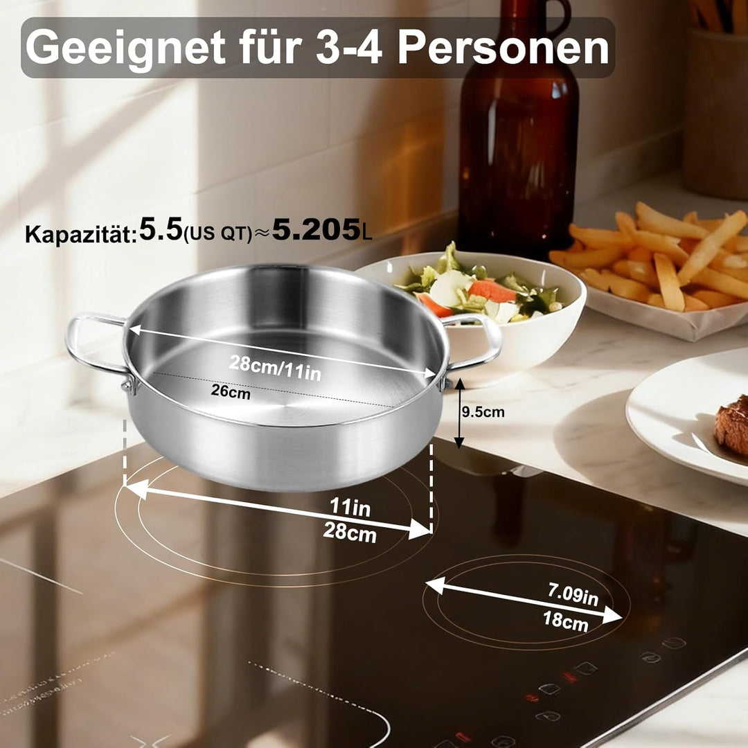 Schmorpfanne 28 cm Hoher Rand 9,5 cm: Dreilagige Edelstahl Pfanne mit Deckel,Bräter Induktion,Schmor
