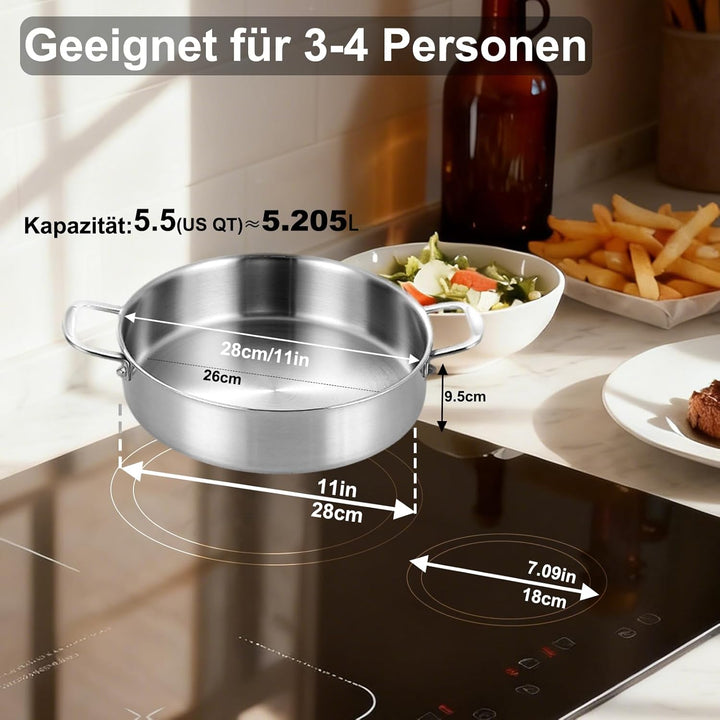 Schmorpfanne 28 cm Hoher Rand 9,5 cm: Dreilagige Edelstahl Pfanne mit Deckel,Bräter Induktion,Schmor