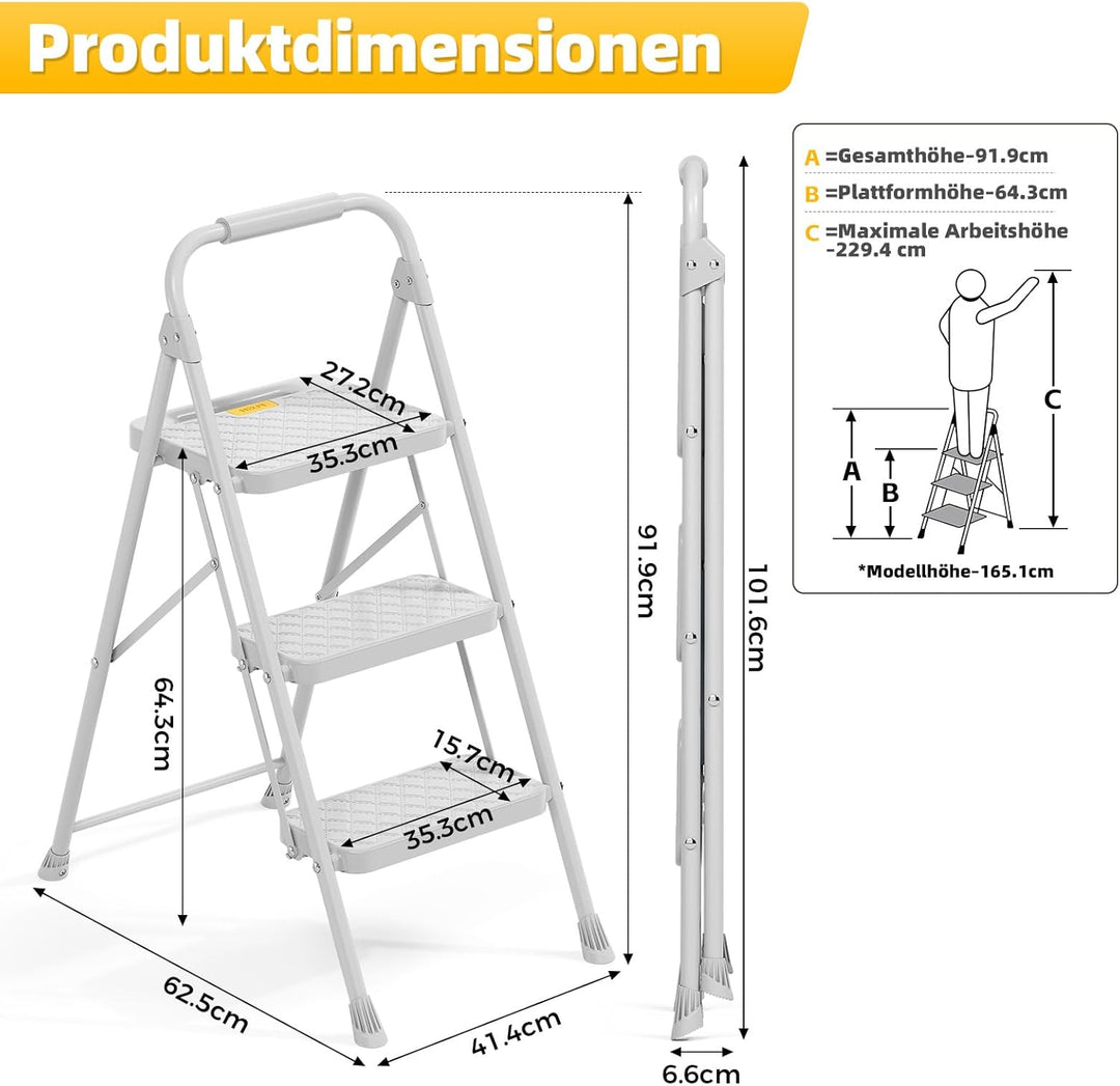 KINGRACK Trittleiter 3 Stufen Klappbar, haushaltsleiter Klapptritt 3 Stufen, Leiter mit Sicherheitss