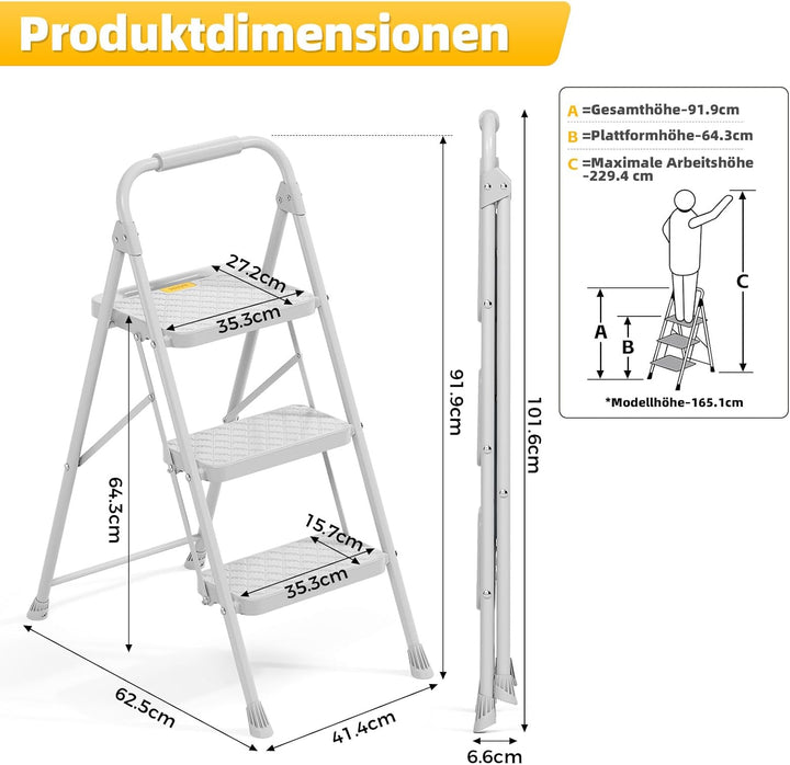 KINGRACK Trittleiter 3 Stufen Klappbar, haushaltsleiter Klapptritt 3 Stufen, Leiter mit Sicherheitss