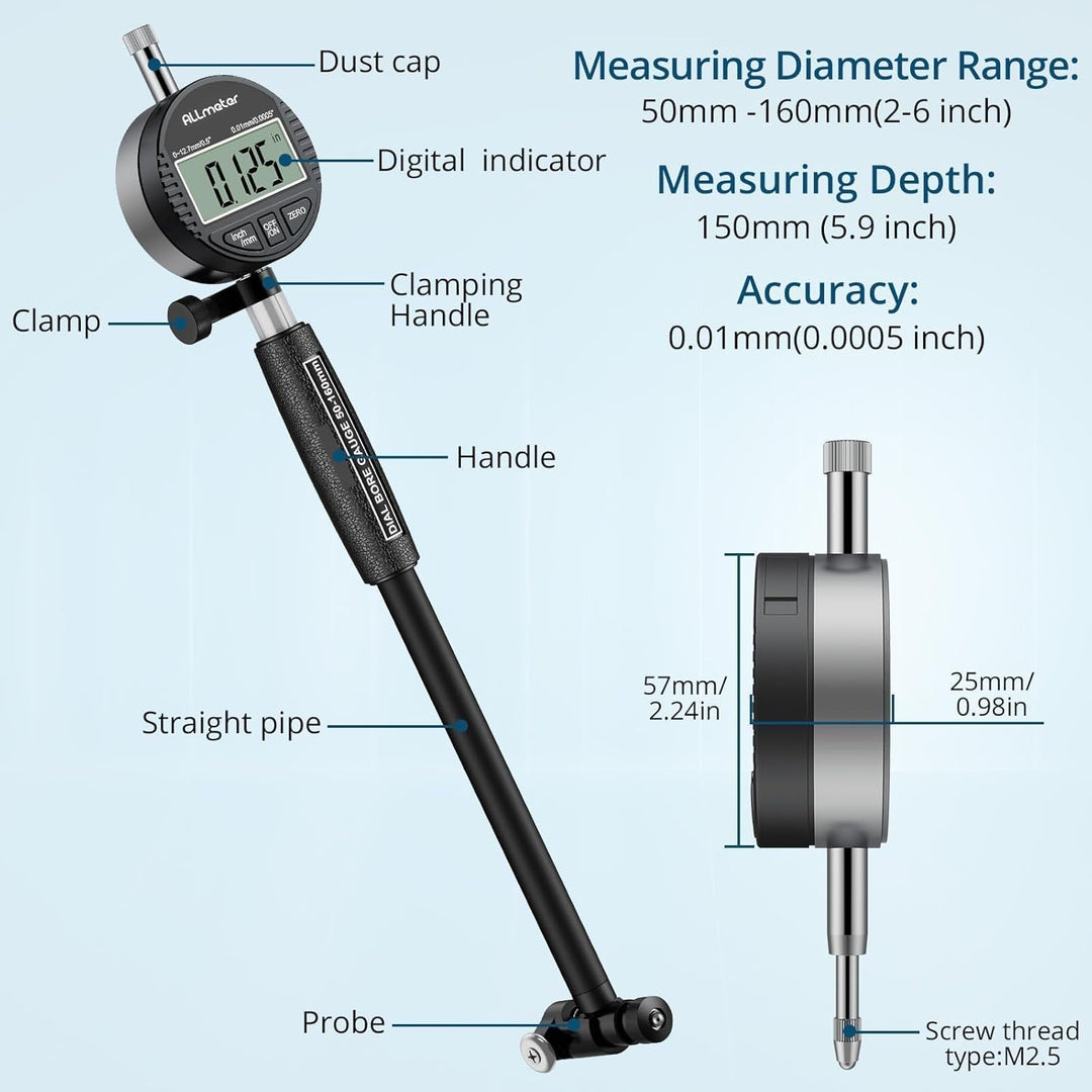 ALLmeter Digitales Bohrungsmessgerät Messuhr Set 50-160 mm Innendurchmesser Anzeige Messwerkzeug mit