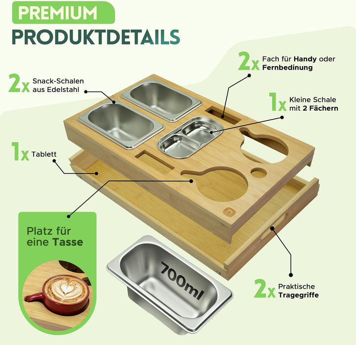 naturlik 3-in-1 Couchbar Snackbox mit klappbaren Beinen – XL Serviertablett, Betttablett und Laptop-