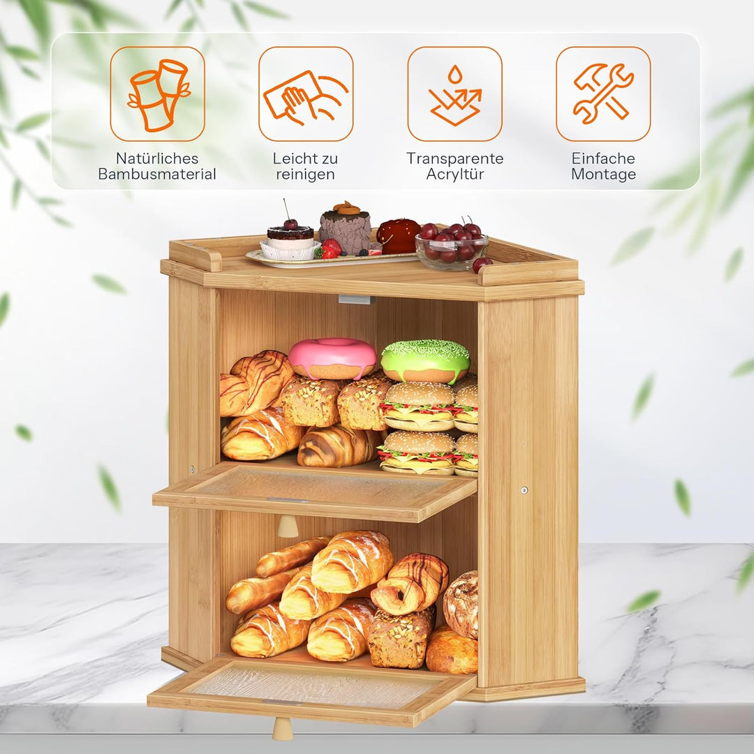 HOOBRO Brotkasten Bambus, 2-lagige Brotkorb mit Oberem Fach, Brotbox, Brotaufbewahrung für Brötchen