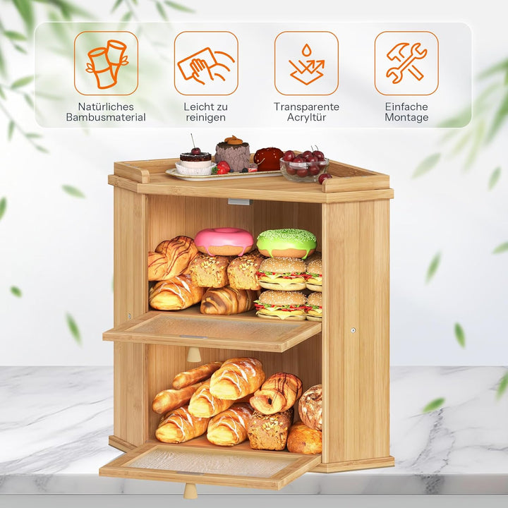 HOOBRO Brotkasten Bambus, 2-lagige Brotkorb mit Oberem Fach, Brotbox, Brotaufbewahrung für Brötchen