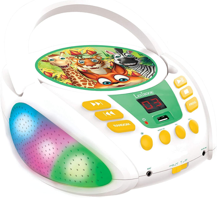 Lexibook RCD109ANX Dschungeltieren-Bluetooth-CD-Player für Kinder-Tragbar, Lichteffekte, Mikrofonbuc
