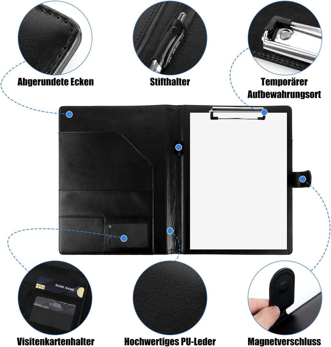 2 Stück Schreibbrett Klemmbrett A4 mit Deckel, 32x24.5cm Business Mappe, Schreibmappe A4 Leder, Schw