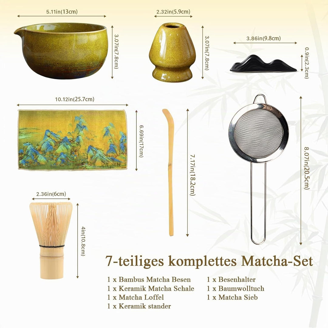 Matcha Set Handgedrehtes Macha Tea Set mit Bambus Matcha Besen, Keramik Matcha Schale, Löffel und Ha