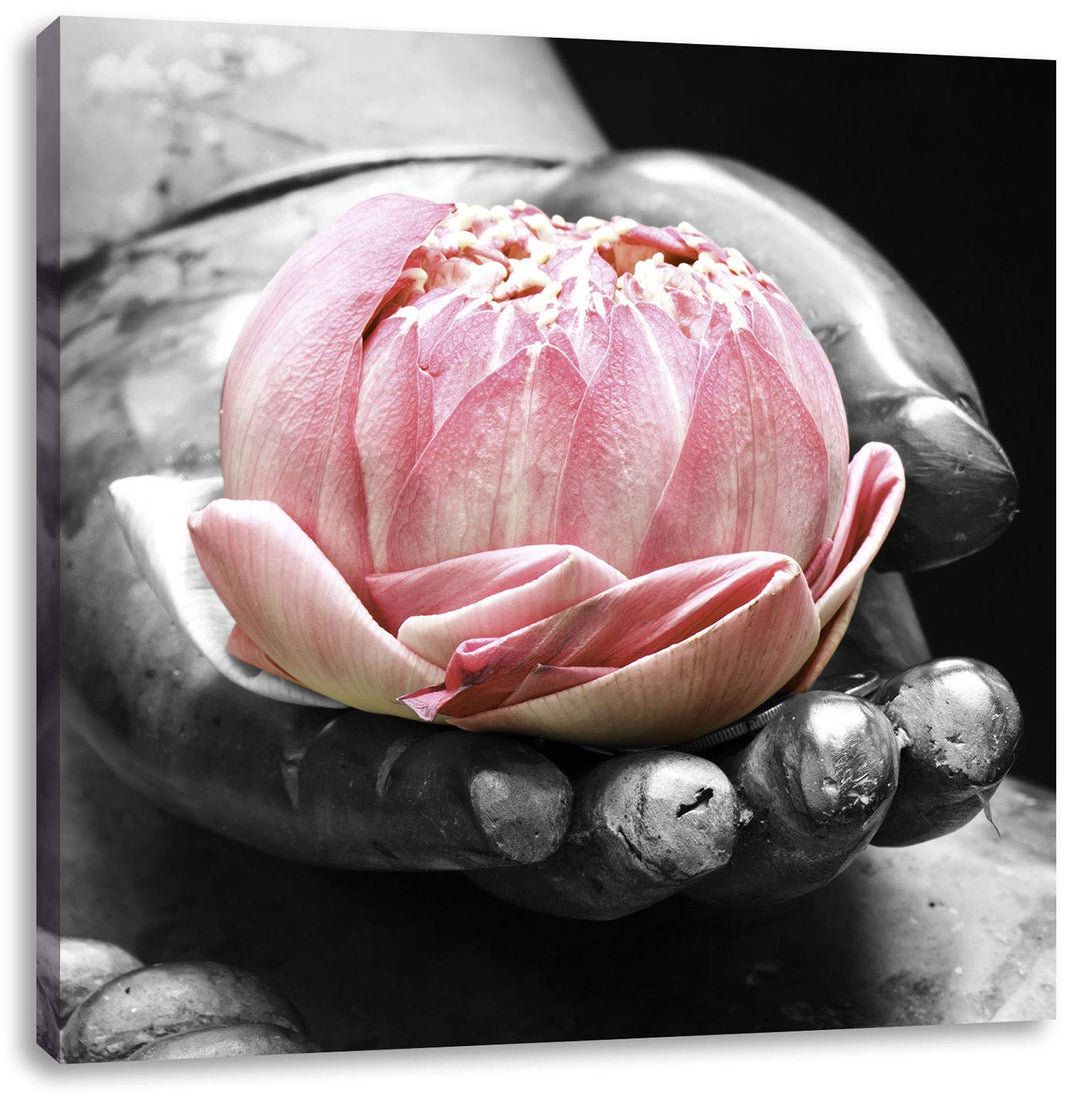 Pixxprint Lotus in Einer Hand eines Buddhas als Leinwandbild/Grösse: 70x70 cm/Wandbild/Kunstdruck/fe