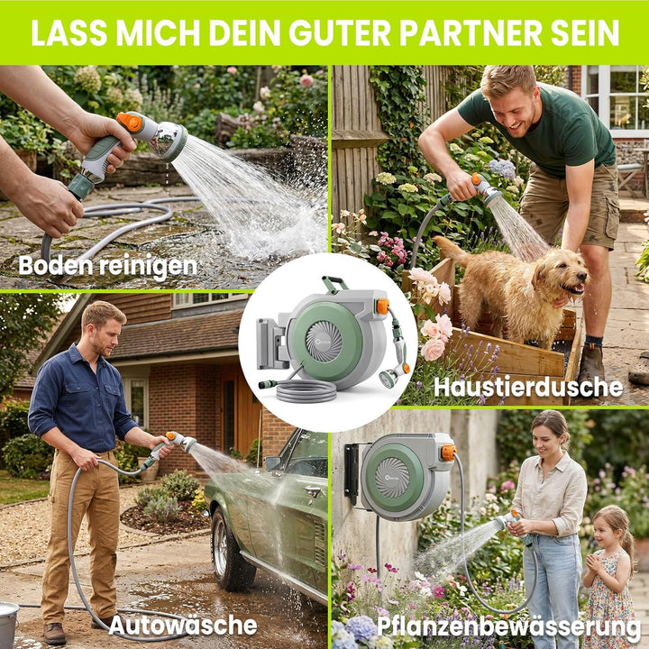 Schlauchtrommel Wasser 30m + 2m, 180° Schwenkbar Wand-Schlauchbox, Automatischer Gartenschlauch trom