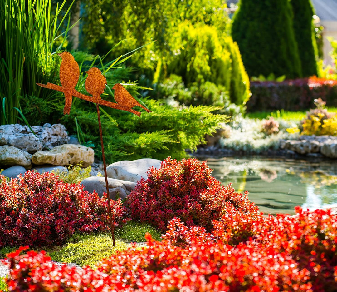 Blümelhuber 3 Vögel auf Stange Edelrost Gartenstecker 114cm Rost Gartendeko