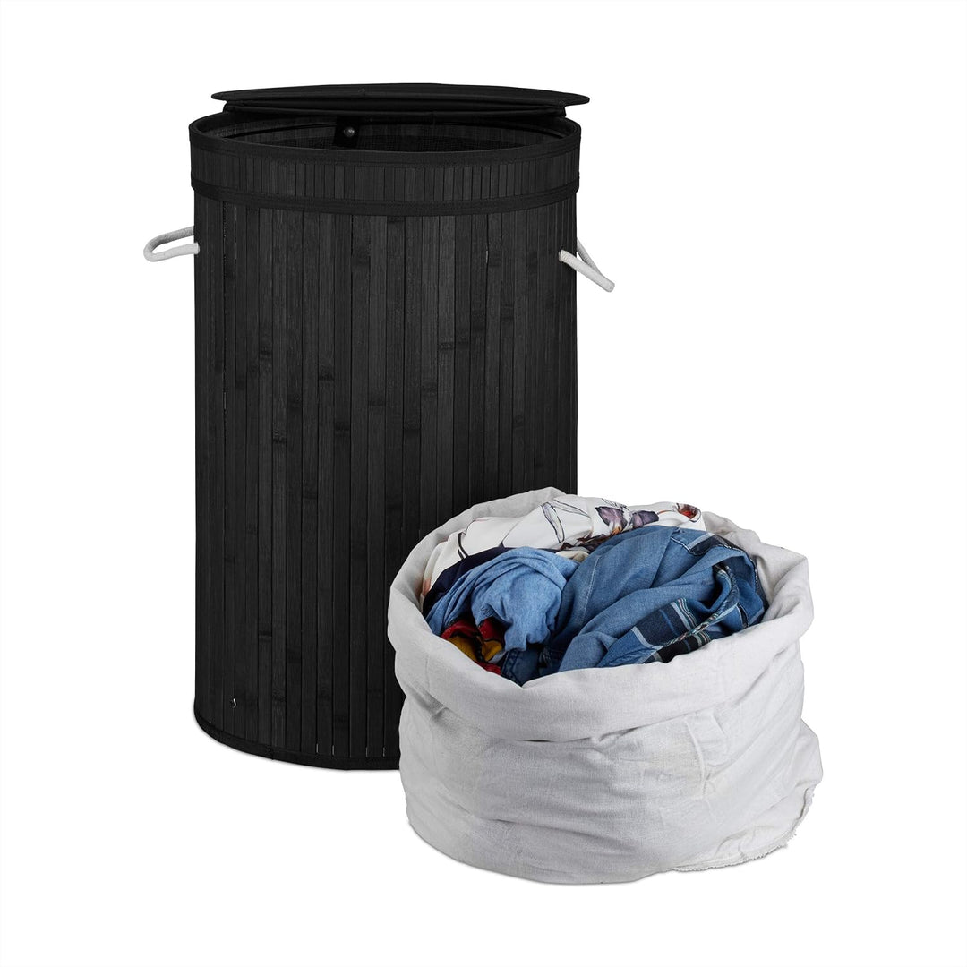 Relaxdays 1 x Wäschekorb Bambus, runder Wäschesammler mit Klappdeckel, 65 l, Faltbare Wäschetonne, Ø