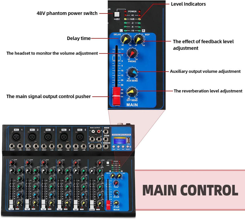 Depusheng HT7 Tragbarer Bluetooth-Audio-Mixer mit USB-DJ-Sound-Mischpult MP3-Buchse 48-V-Stromversor