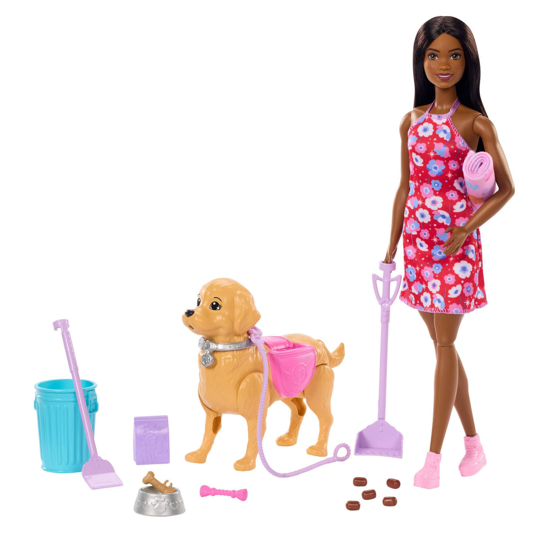 Barbie Hundespaziergang Spielset, enthält einen Spielzeughund, der gehen und Häufchen Brooklyn-Puppe