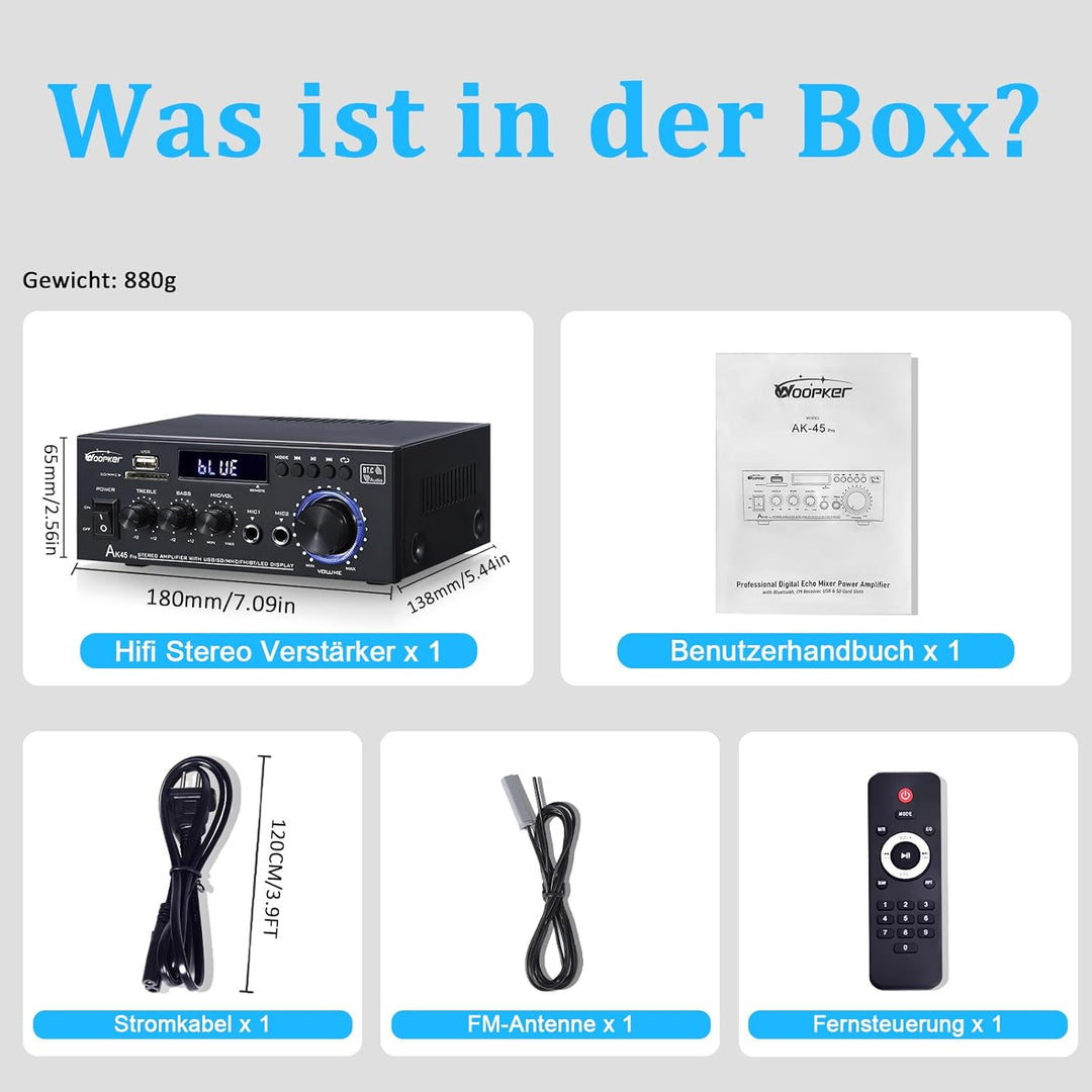 AK45 Pro HiFi-Verstärker WOOPKER Mini Verstärker, 500W,2 Kanäle Bluetooth Verstärker HiFi Stereo w/U