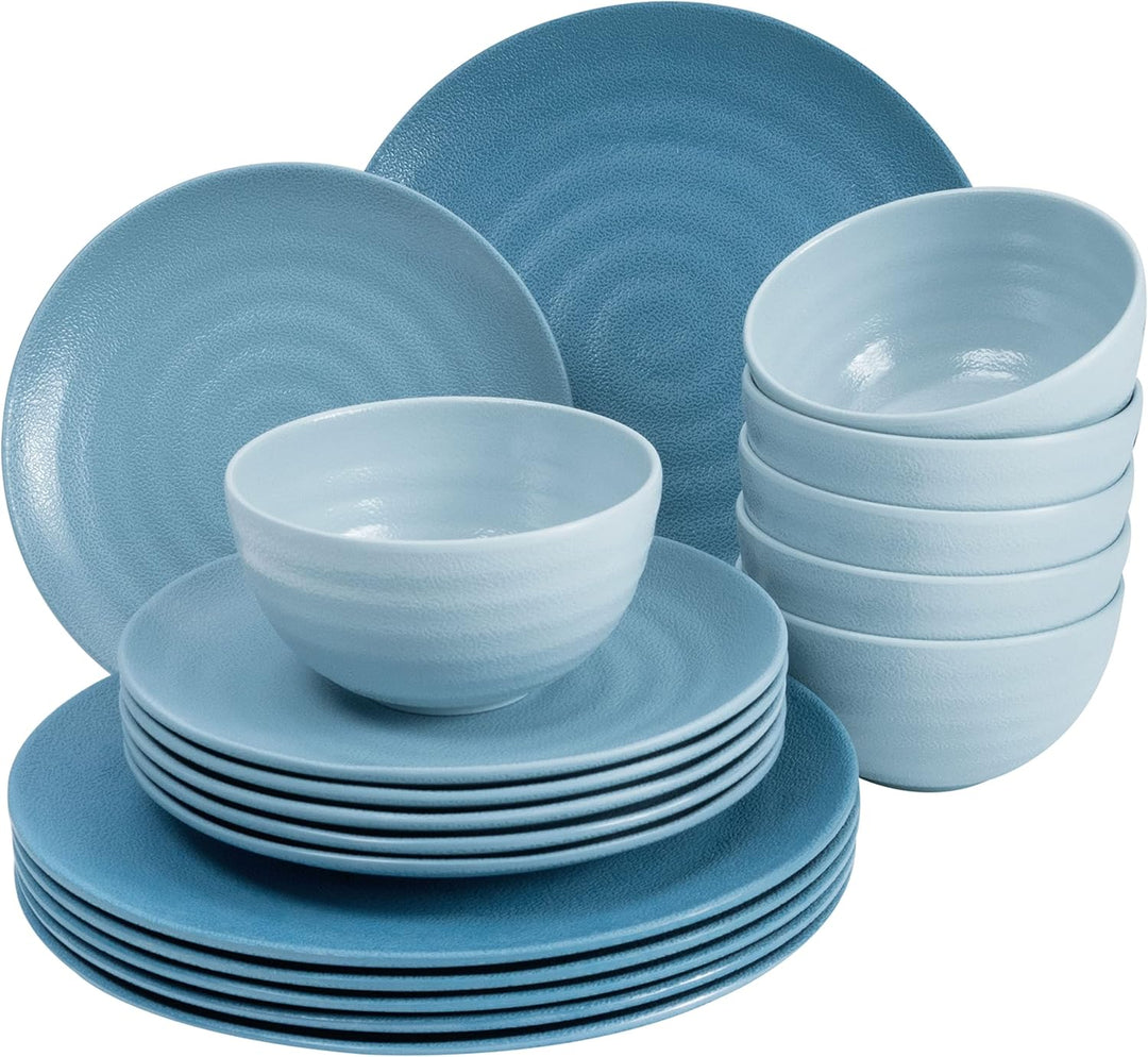Camping Geschirr Set aus Melamin 6 Personen Tellern Tassen 24 Teile Blau