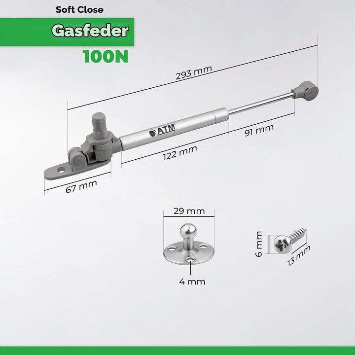 ATM Gasdruckfeder 100N mit Soft-Close Bremse für Möbelklappen – Gasdruckdämpfer 4er Set, Klappenbesc