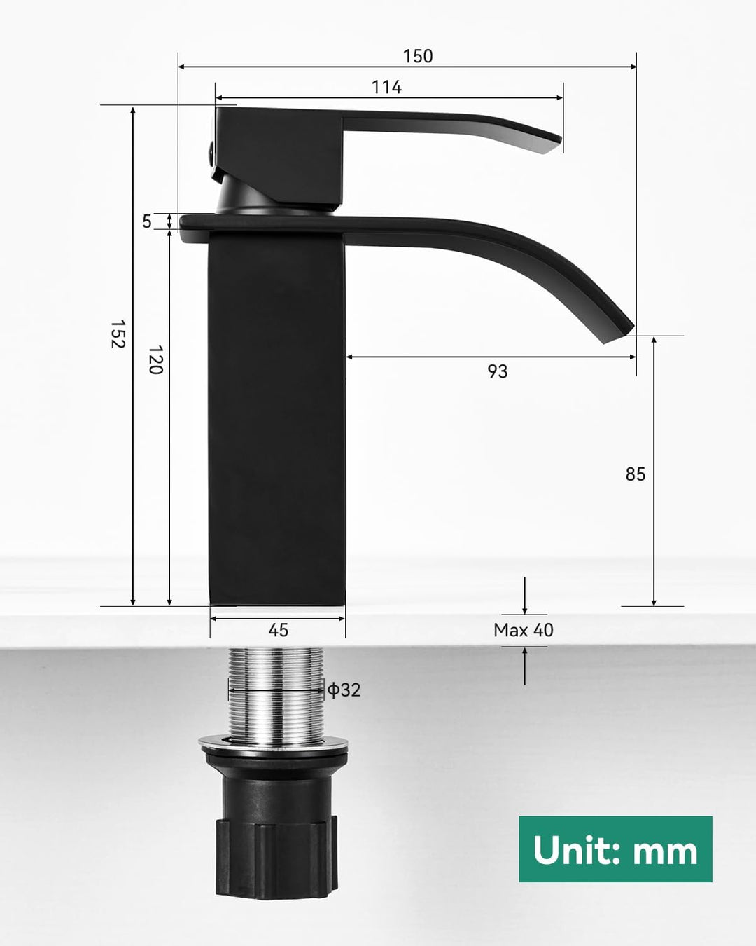 ANYCEE Wasserfall Wasserhahn Bad Schwarz mit Einhebel, Waschtischarmatur Schwarz mit Auslauf Höhe 8,
