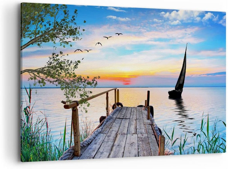 ARTTOR Bilder auf Leinwand 100x70cm Leinwandbild mit Rahmen Brücke See Gross Wanddeko Bild Schlafzim