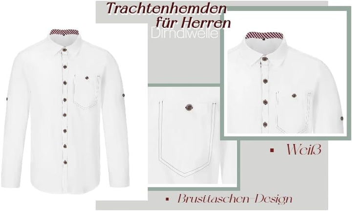 Dirndlwelle Rot/Grün/Weiss Herren Trachtenhemd Oktoberfest Langarm Stehkragen Männlich Freizeithemd