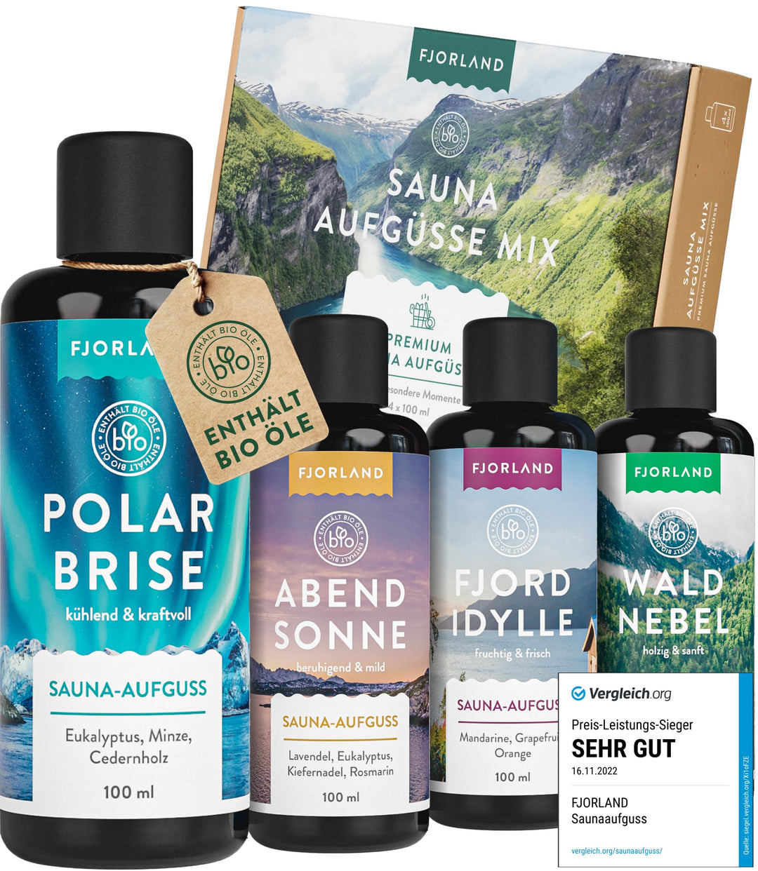 FJORLAND Saunaaufguss Set BIO - verschiedene Saunadüfte 4 x 100 ml - Premium Saunaaufgüsse als Sauna