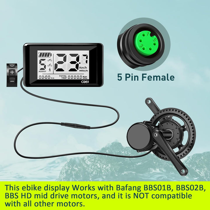 Ebike Display C961 für BAFANG BBS01B BBS02B BBS HD Mittelmotor, Elektrofahrrad Display Messgerät Bed