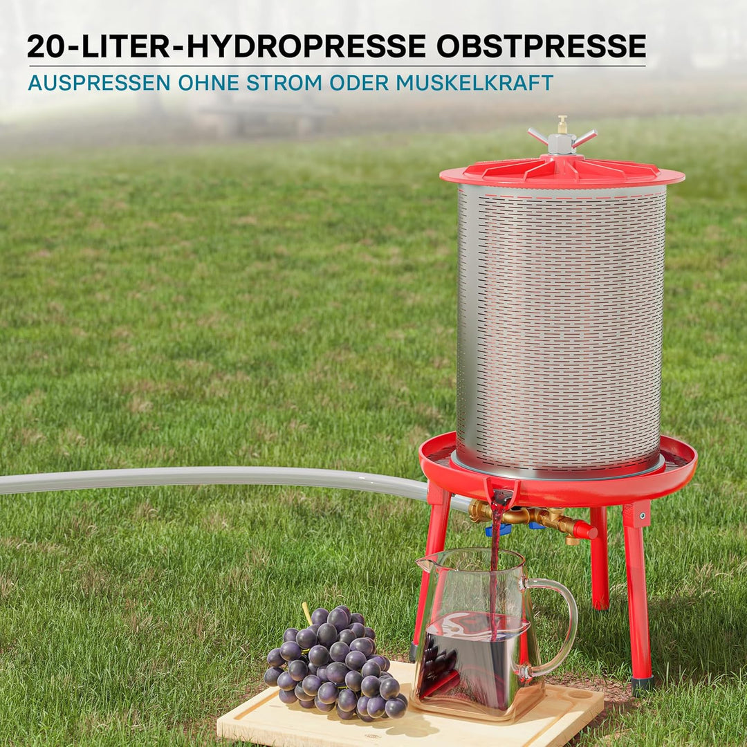 Wiltec Edelstahl Hydropresse mit 20 Liter Korbinhalt, Wasserdruckpresse mit 3 bar zum Pressen von Ob