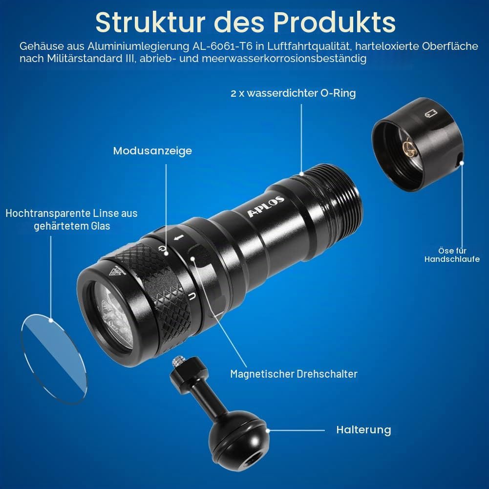 APLOS AP70 Tauch-Video-Licht, 6000 Lumen, 135 Grad breiter Abstrahlwinkel, Unterwasser-Taschenlampe