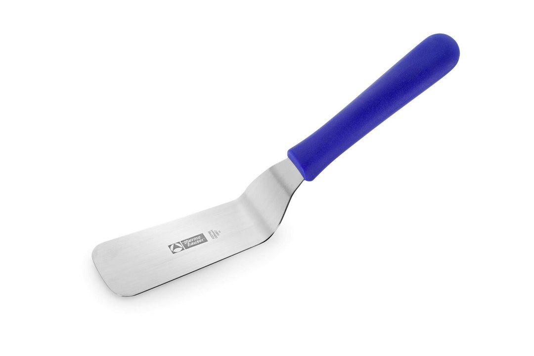 Thermohauser Kuchenpalette (Stahl rostfrei), stumpf, gewinkelte Klinge, mit blauem Kunststoffgriff,