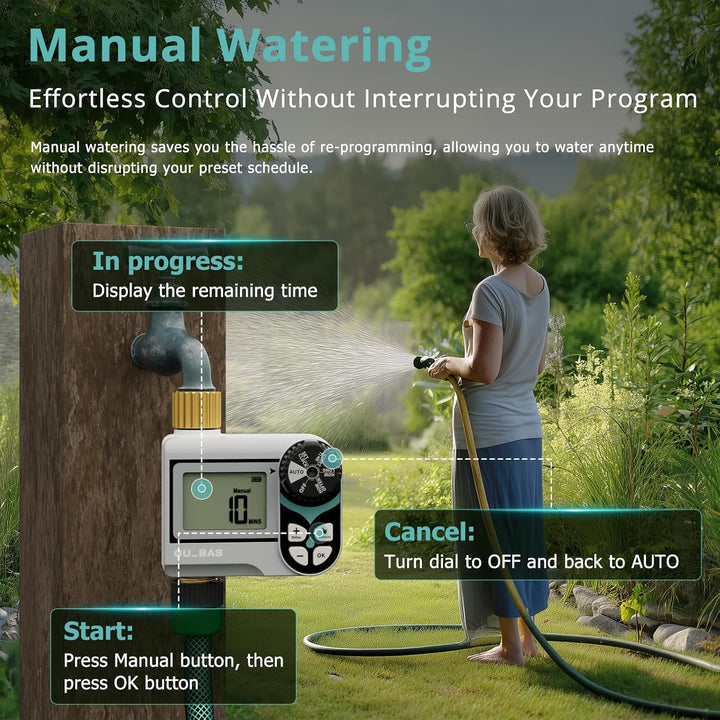QUOBAS Kugelhahn-Sprinkler-Timer, programmierbare Wasser-Timer für Gartenschlauch-Wasserhahn mit Mes