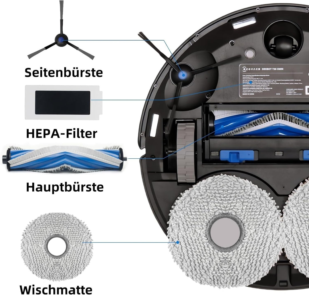 Bluearks 21 Stück Zubehörset für Ecovacs T30 Pro Omni Roboter Saugroboter, 1 Hauptbürste, 4 Filter,