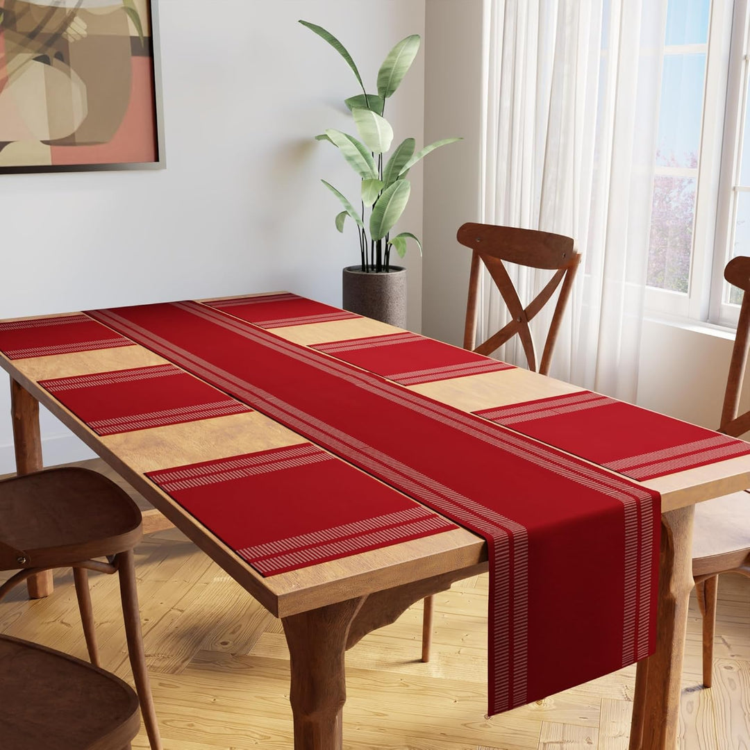 Encasa XO Tischläufer und Platzset Set 6 | Feingerippte Baumwolle | Leiter Rot | 1 Tischläufer Gröss