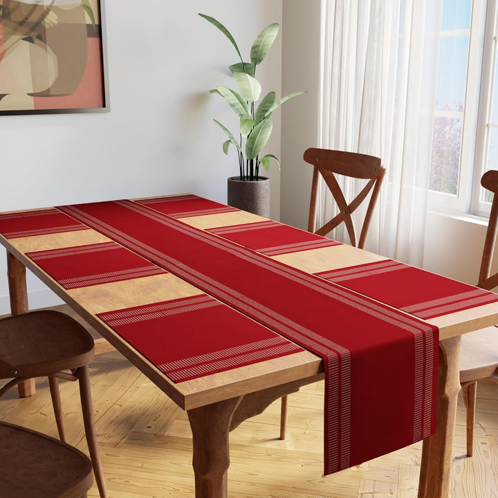 Encasa XO Tischläufer und Platzset Set 6 | Feingerippte Baumwolle | Leiter Rot | 1 Tischläufer Gröss