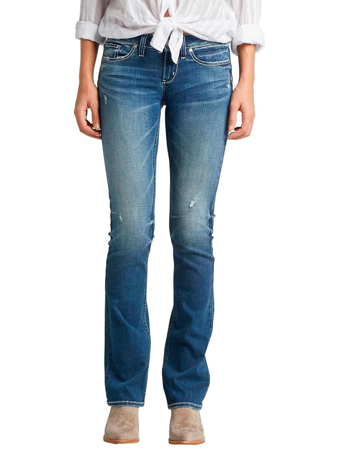 Silver Jeans Co. Damen Jeans Tuesday Low Rise Slim Bootcut Jeans 31W / 31L Medium Indigo Distressed,