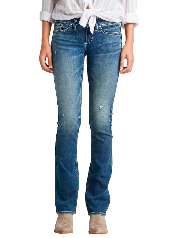 Silver Jeans Co. Damen Jeans Tuesday Low Rise Slim Bootcut Jeans 31W / 31L Medium Indigo Distressed,