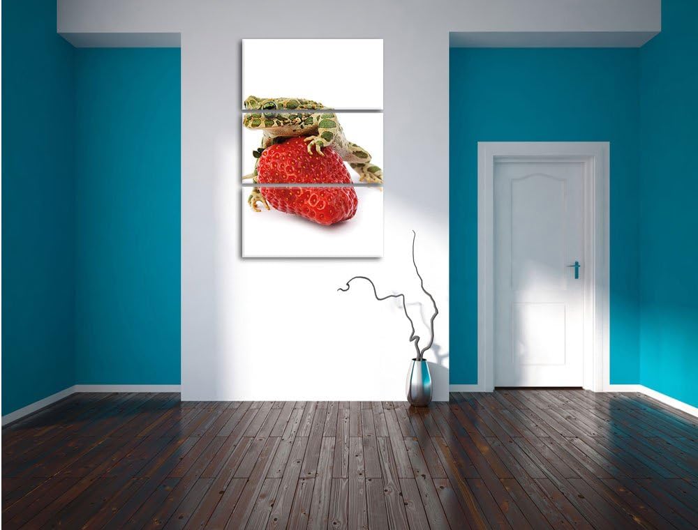 Pixxprint Erdbeere mit Frosch als Leinwandbild/Grösse: 3 Teilig (120x80) cm/Wandbild/Kunstdruck/fert