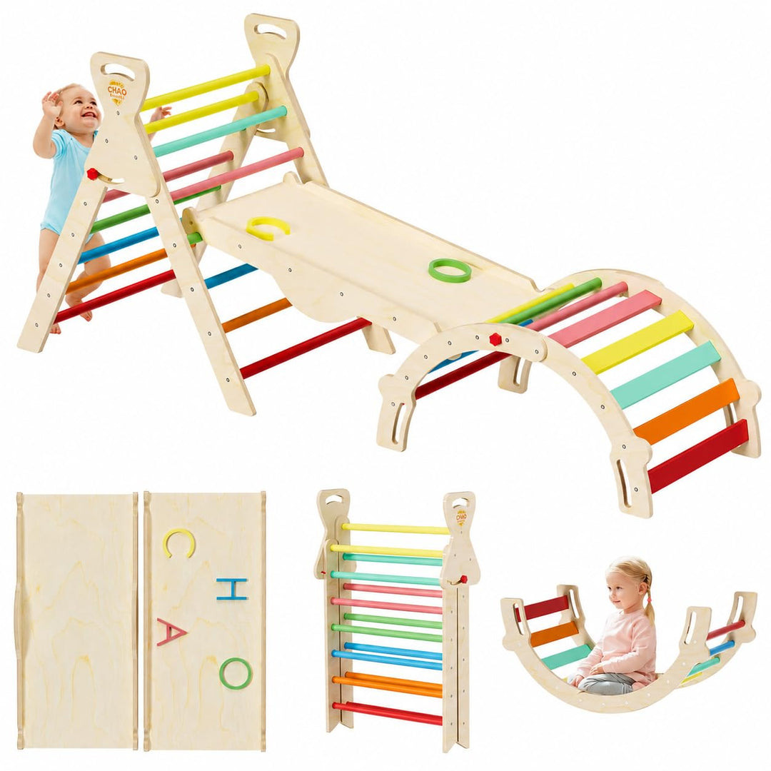 Pikler Dreieck 8-in-1 klappbar, Montessori Klettergerüst Indoor aus Holz mit Rutsche, Kletterbogen u