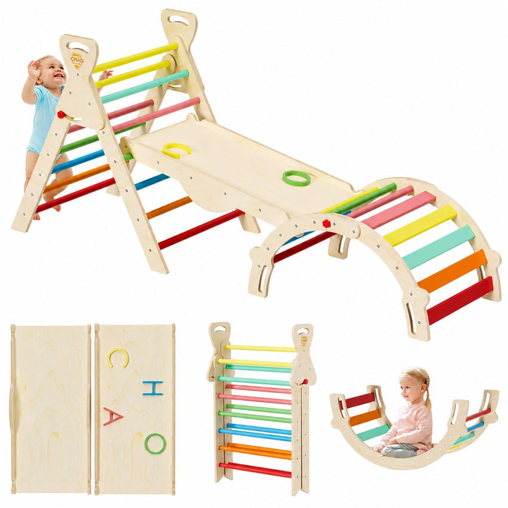 Pikler Dreieck 8-in-1 klappbar, Montessori Klettergerüst Indoor aus Holz mit Rutsche, Kletterbogen u