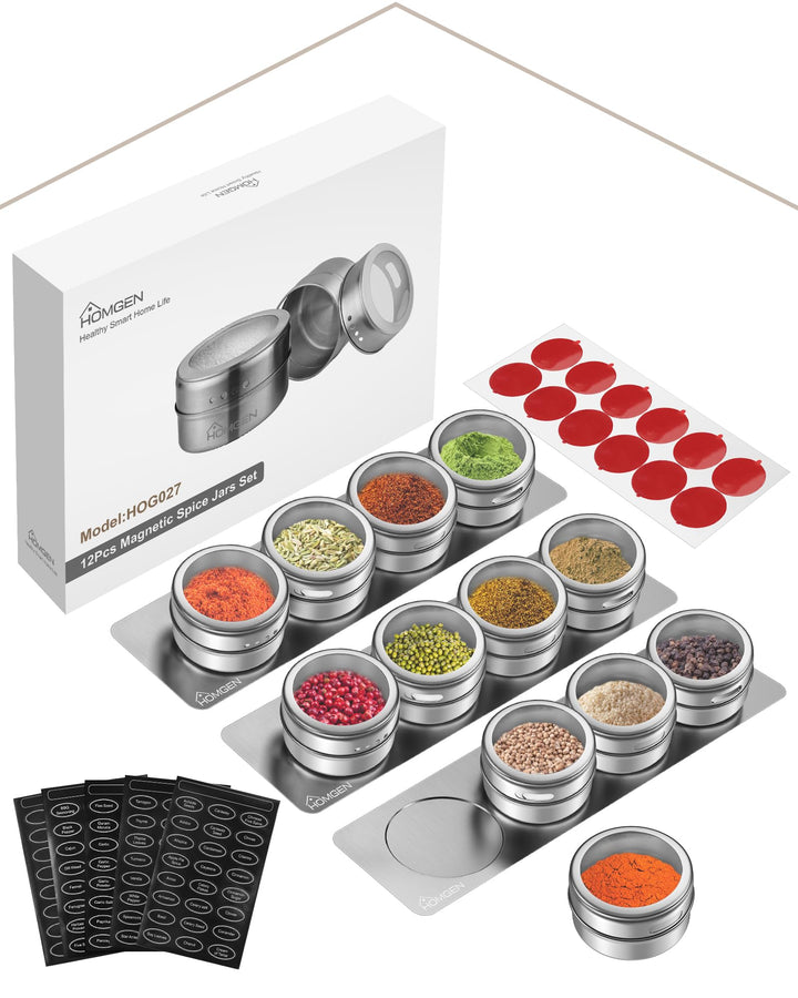 HOMGEN Gewürzdosen Magnetisch 12 Stück Edelstahl Gewürzgläser Set Magnet 100ml Gewürze Spice Jars Ma