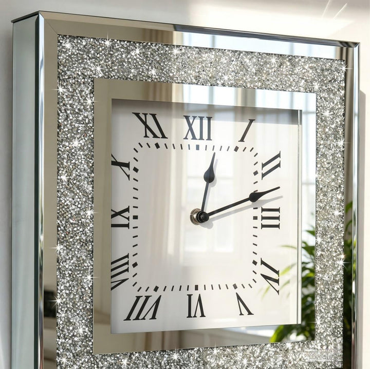 Crystal Crush Diamond Mirrored Square Wall Clock with Sparkle Twinkle Bling Diamond Decor for Wall D