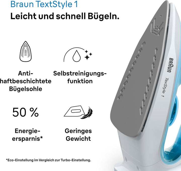 Braun Dampfbügeleisen TexStyle 1 SI1029BL, Bügeleisen, Antihaftbeschichtete Bügelsohle, 120 g/min Da