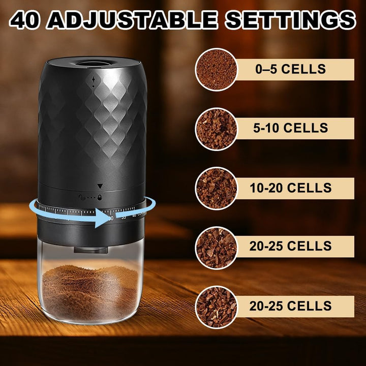 Elektrische Kaffeemühle Tragbar, Kegelmahlwerk mit 5 einstellbaren Mahlgraden, USB-C-Schnellladung u