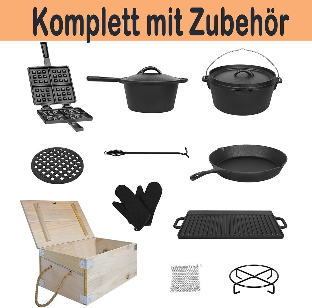 Dutch Oven Set 12-teilig in Holzkiste BBQ Feuertopf mit Füssen und Deckel, Gusseisen Topf Schmortopf