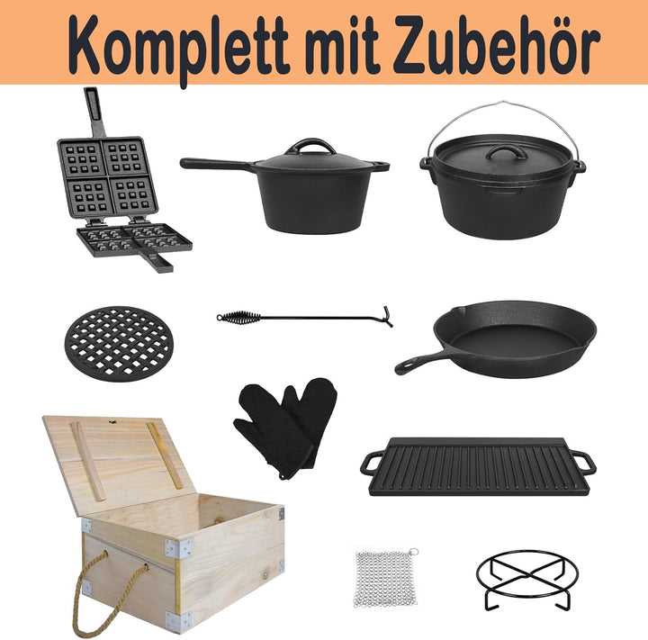 Dutch Oven Set 12-teilig in Holzkiste BBQ Feuertopf mit Füssen und Deckel, Gusseisen Topf Schmortopf
