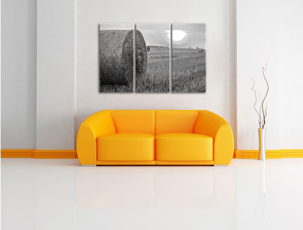 Pixxprint Strohballen auf Feld als Leinwandbild/Grösse: 3 Teilig (120x80) cm/Wandbild/Kunstdruck/fer
